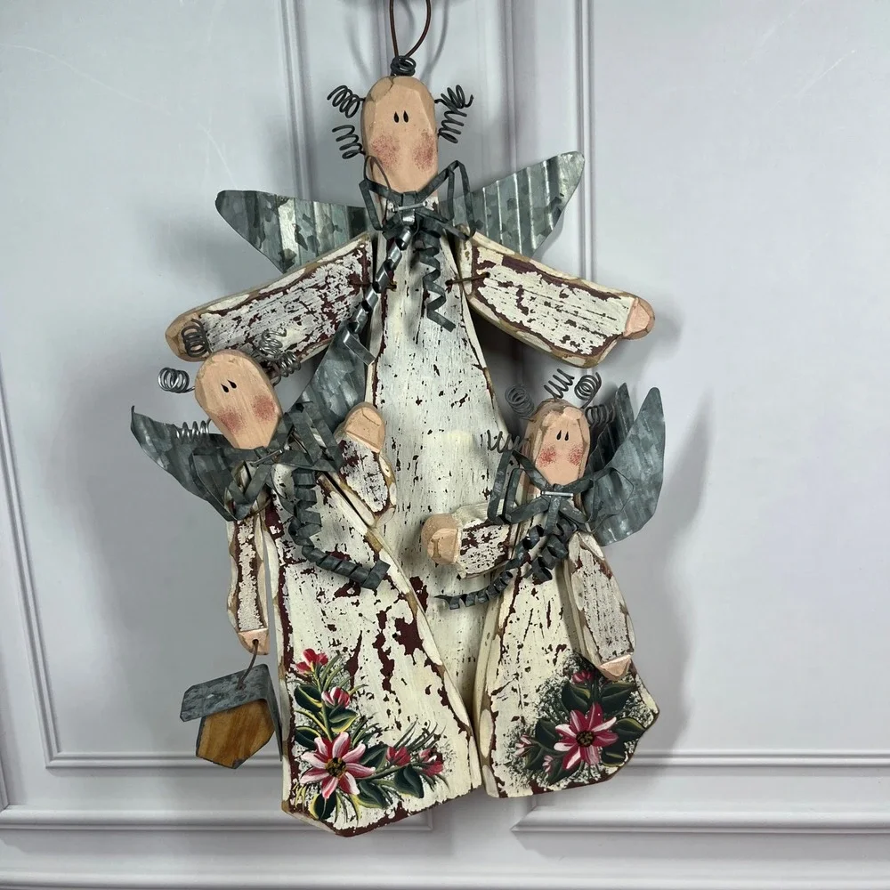 Handmade Primitive Angel Trio Wall Hanging White Distressed Wood Metal Wings